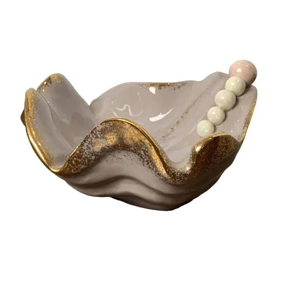 Vintage‎ MCM Gilt Seashell Ashtray Trinket Dish Pearls Midcentury Mermaid Ocean
